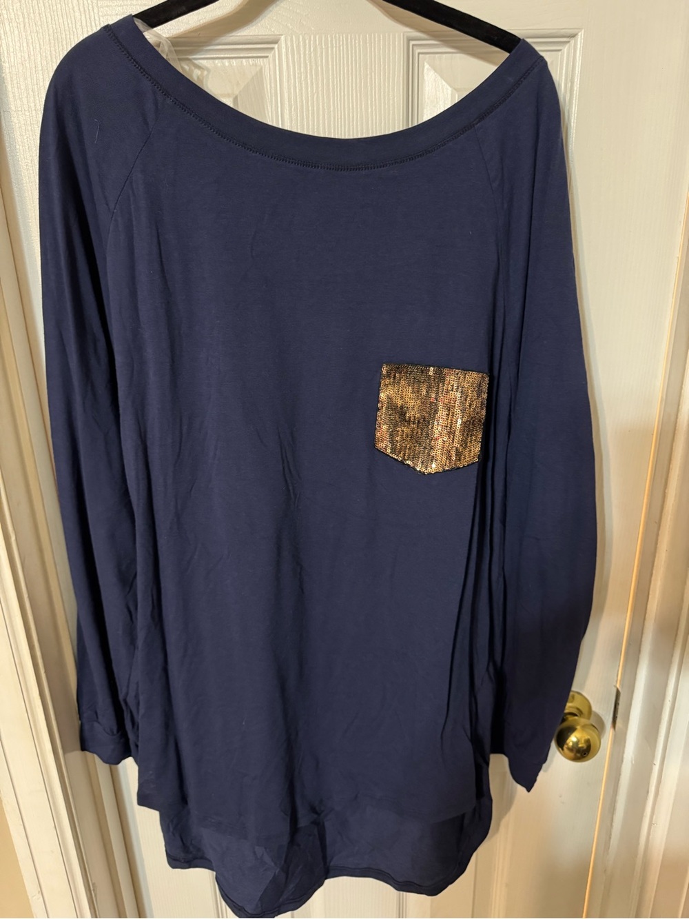 Chic Soul Navy Blue Long Sleeve Top with Gold Sequin Pocket